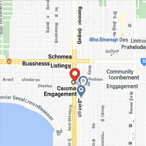 Digital map showing local business listings, schema markup, community points of interest, and engagement zones.