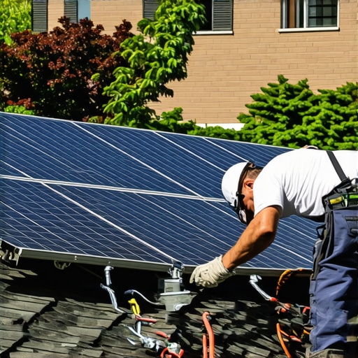 Contractor installing solar panels on a house roof in a suburban area