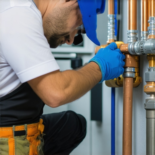 Plumber repairing pipe in a modern kitchen environment.