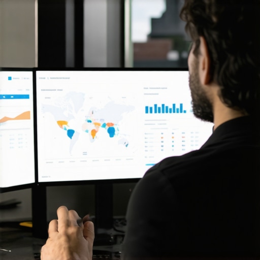 Trade Business Data Analytics Dashboard Business owner examining local market data on a digital analytics dashboard