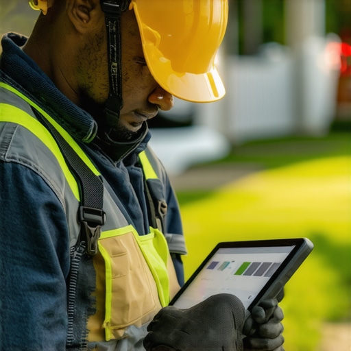 Contractor analyzing local SEO data with AI tools in a neighborhood.