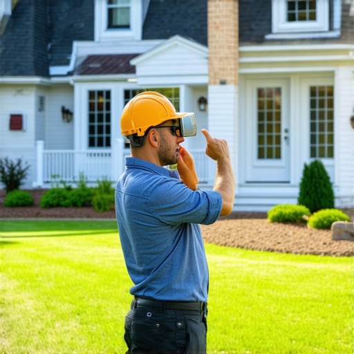 Home contractor demonstrating AR visualization of home renovation with a client in a suburban neighborhood