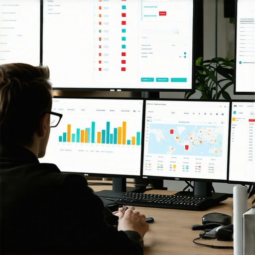 Digital marketer reviewing local SEO analytics on multiple screens.