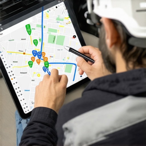 Contractor analyzing local SEO data on a tablet with neighborhood overlays.
