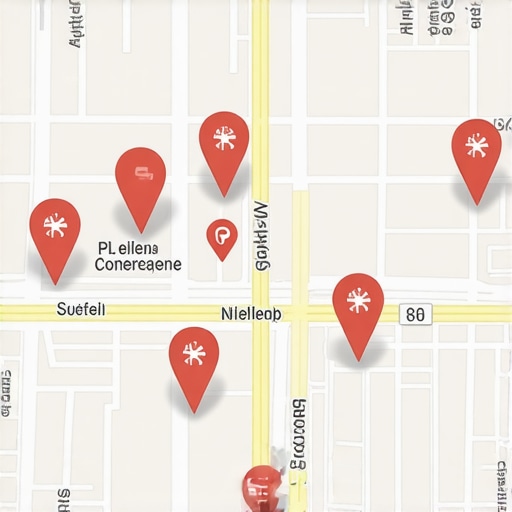 A digital map illustrating hyper-local service areas with visual markers and data points.