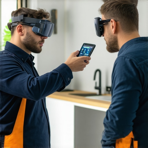 Contractor using augmented reality glasses to showcase repair in a home kitchen