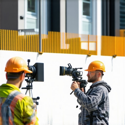 Contractor recording a positive customer review on-site in a residential neighborhood.