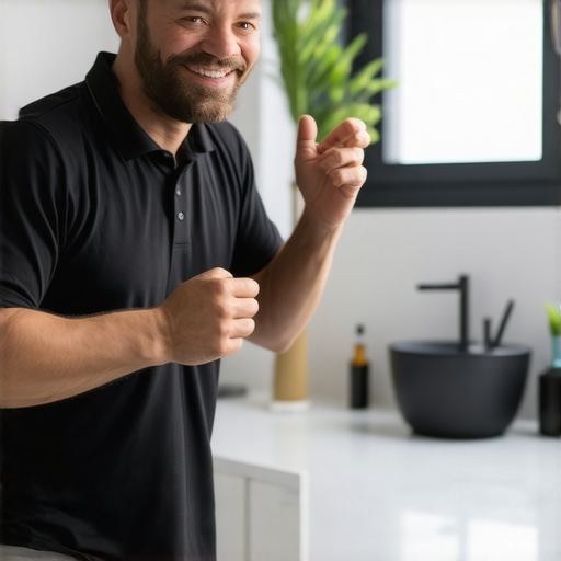 A plumber showing a satisfied customer with a completed plumbing project.
