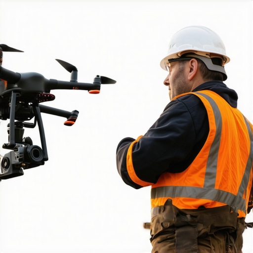 Contractor using drone to capture real-time site footage for local SEO proof.