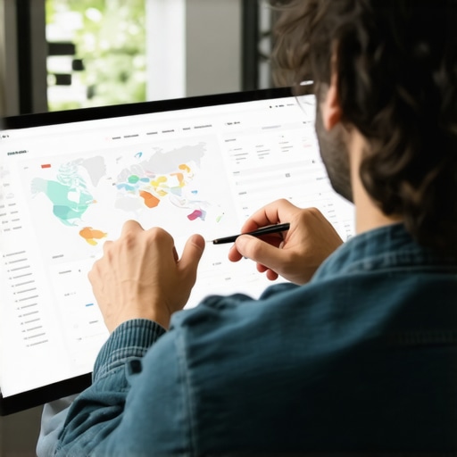 SEO specialist reviewing local map ranking analytics with charts and devices.
