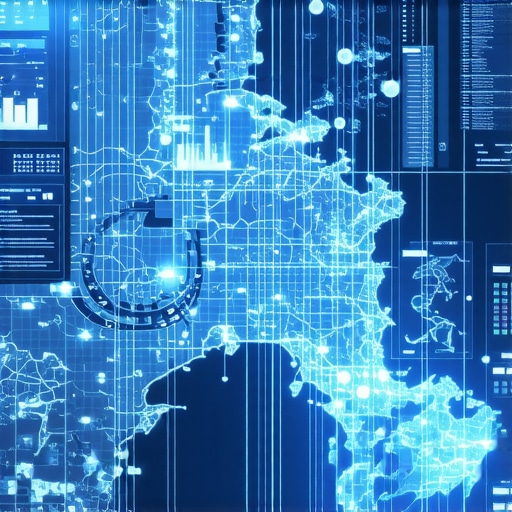 Digital map with geospatial overlays and AI analytics tools.