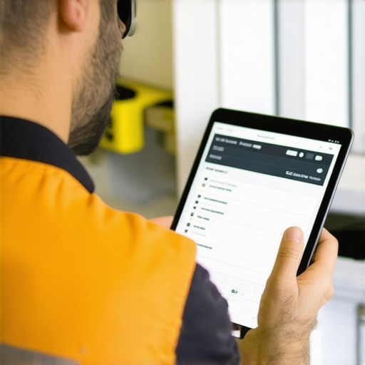 Plumber using digital device to enhance local SEO and maps visibility.