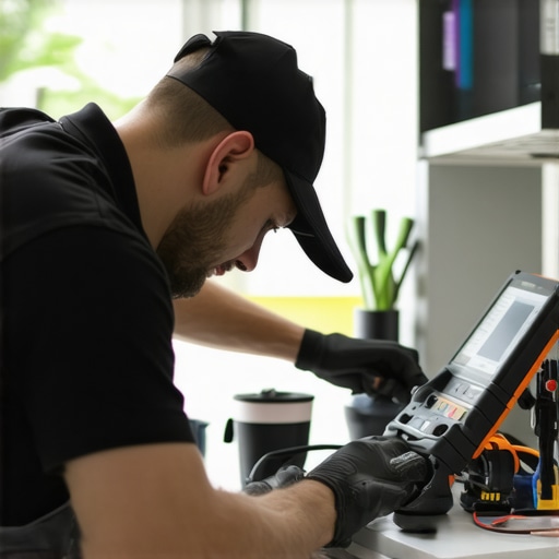 Plumber documenting a plumbing installation with a high-quality camera in a modern kitchen.