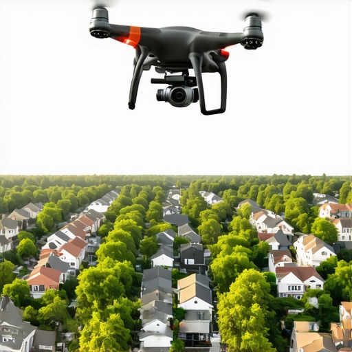 Drone capturing neighborhood with contractors showcasing projects, highlighting visual proof for local SEO