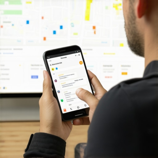 Plumber using chat tools to connect with customers on smartphone for enhanced local visibility.