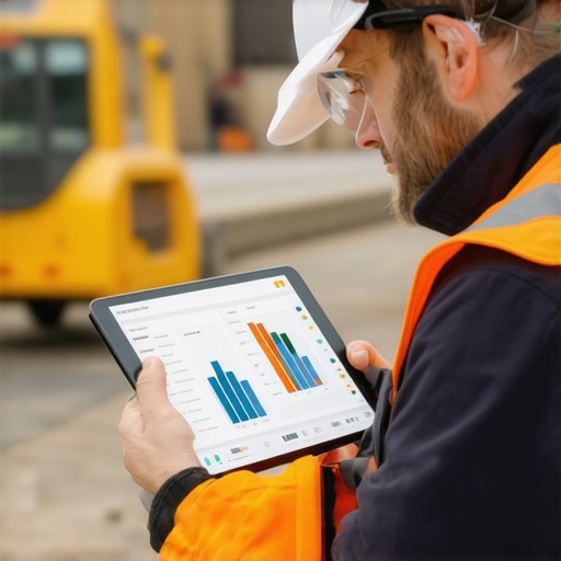 Contractor analyzing digital project data on tablet at construction site.