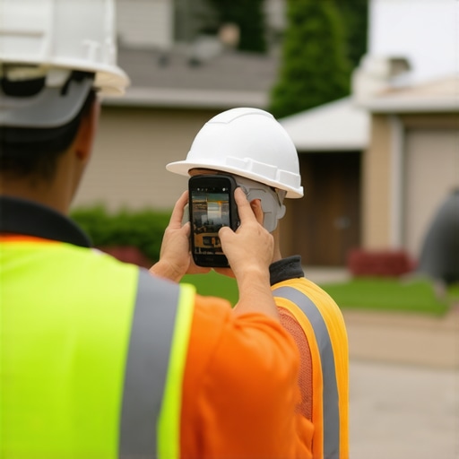 Technician taking photos of a completed service job on a smartphone in a residential area.