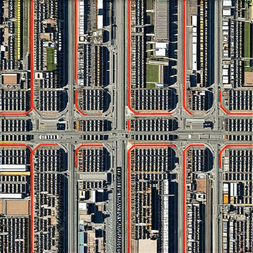 Satellite imagery showing targeted geofencing zones in an urban landscape for local marketing.