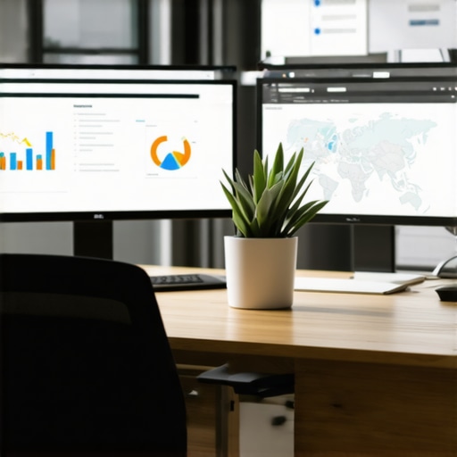 An office desk with SEO and local map strategy charts displayed on screens.