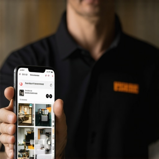 Close-up of a tradesperson displaying project images on a mobile device with location tags.