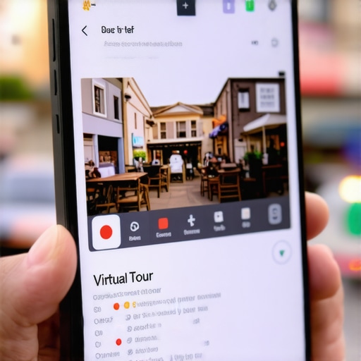 Smartphone displaying virtual tour and reviews of a local business, urban neighborhood background.