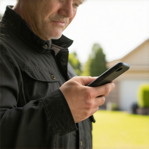 Contractor speaking into smartphone during home repair.