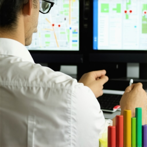 AI-driven Local SEO Dashboard Business owner reviewing local SEO analytics with maps and data charts