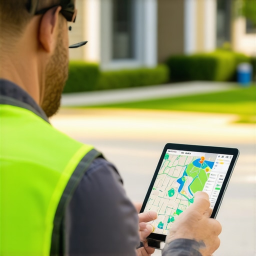 Contractor analyzing geographic data with mapping tools in a neighborhood