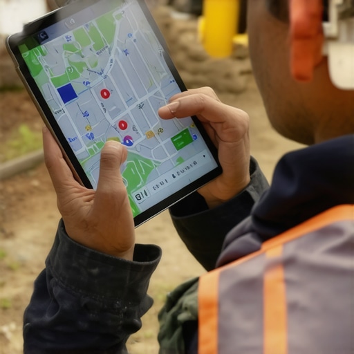 Professional contractor analyzing spatial data on a tablet in a neighborhood.