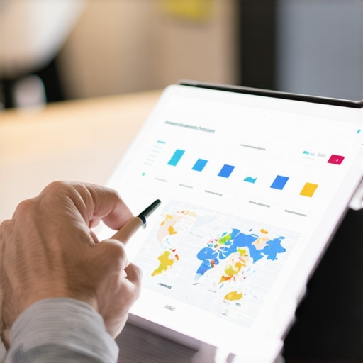 Business owner reviewing detailed local SEO analytics on a tablet with maps and charts.