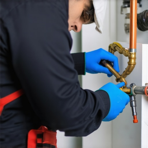 Plumber fixing pipe under sink with professional tools