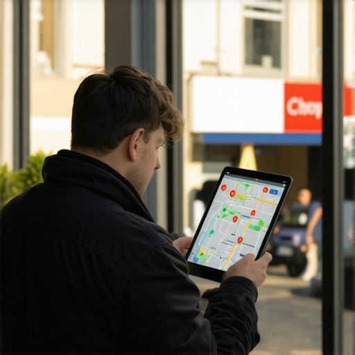 Business owner employing augmented reality for local verification and schema markup enhancement.