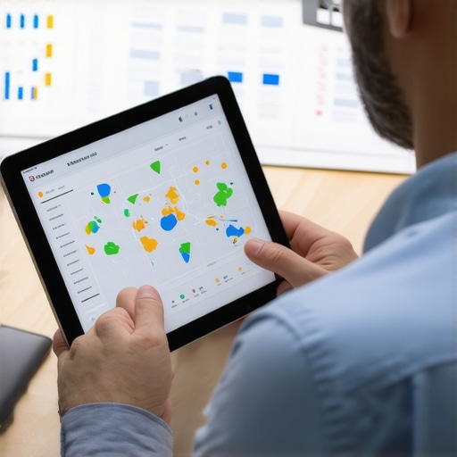 Business owner analyzing local SEO performance on a tablet with maps and graphs.