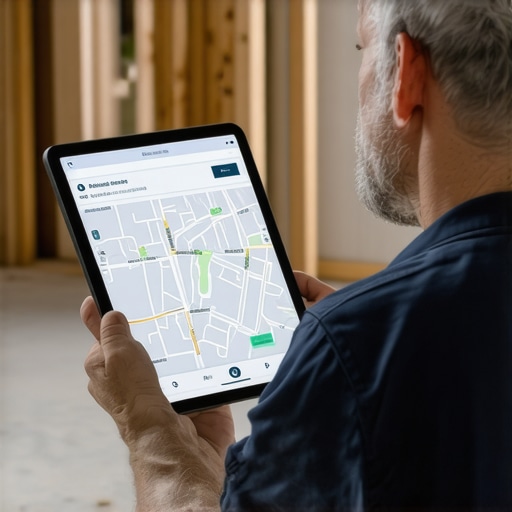 Tradesman Using AR on Job Site A professional tradesman using augmented reality technology on a construction project, displaying a digital map overlay.