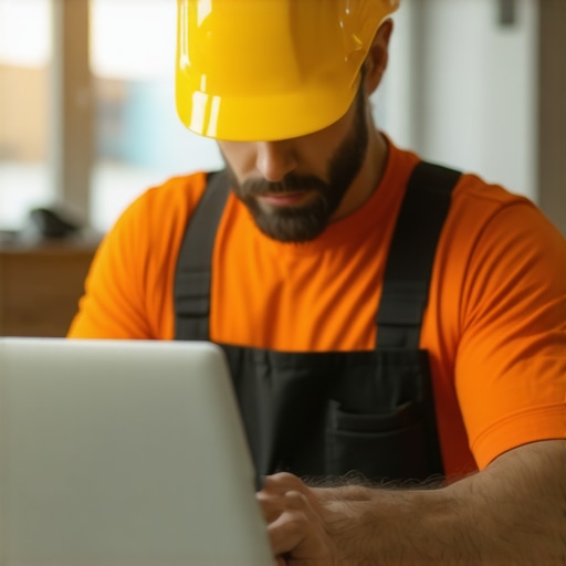 Tradesperson working on laptop with schema markup and digital marketing analytics for local SEO optimization.