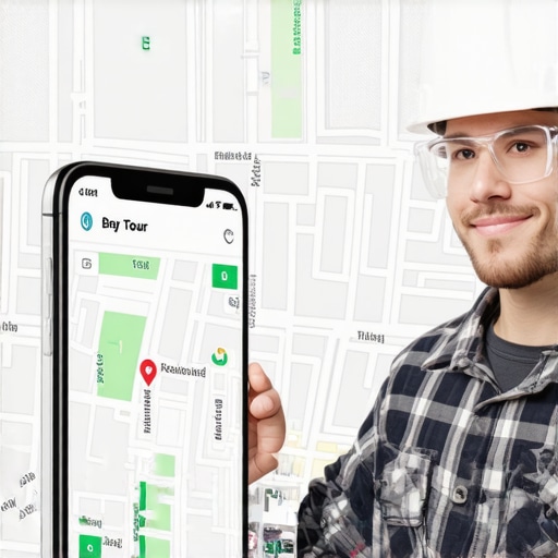 Contractor using a tablet to display a virtual service area tour on a local maps interface.